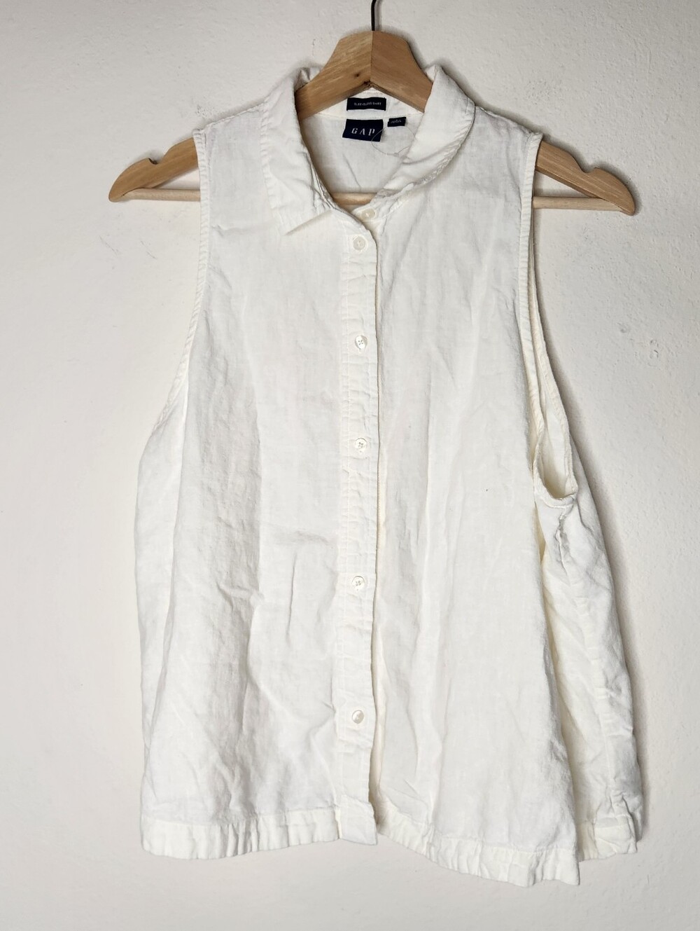 Gap Womens Large Tall White Sleeveless Tank Button Down Linen Blend Collared Top